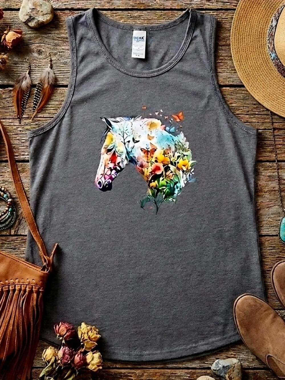 Floral Horse Tank Top • Boho Western Sleeveless Shirt • Colorful Butterfly Horse